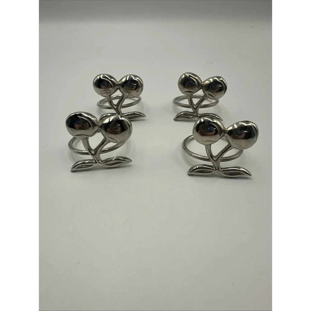 Set of 4 Vintage Pewter Cherry Fruit Napkin‎ Rings